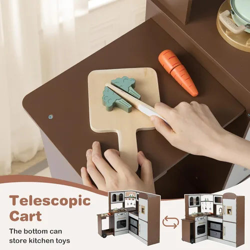 Vista 3 de INFANS Cocina esquinera para niños, juego de madera con carrito telescópico, luces realistas, sonidos, máquina de hielo, cajones de tela, horno