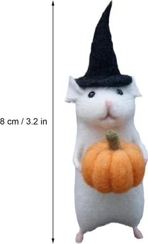 Vista 7 de DABATO Ratón de Halloween con una calabaza, adorno de ratón navideño de fieltro de lana hecho a mano, con aguja, calabaza, animales, decoración