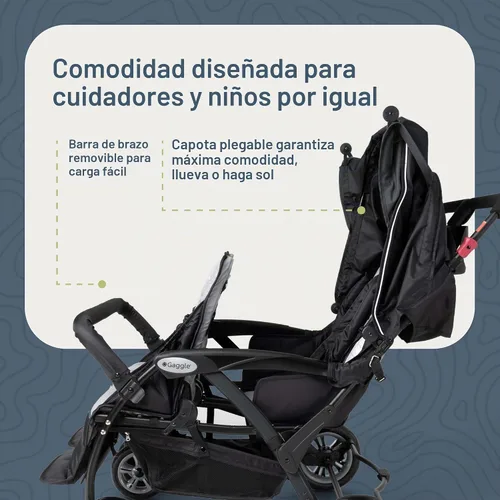 Vista 6 de Gaggle Compass Quad Cochecito plegable de 4 asientos, color negro Cochecito cuádruple con dosel, gran cesta de almacenamiento, arneses de 5 puntos