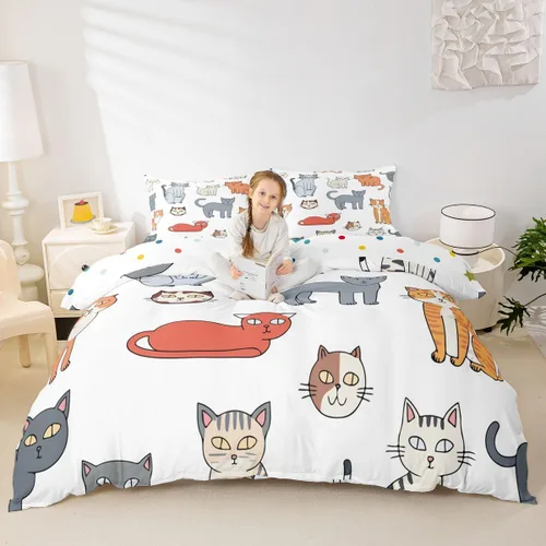 Vista 3 de Feelyou Juego de funda nórdica con estampado de gatos, tamaño individual