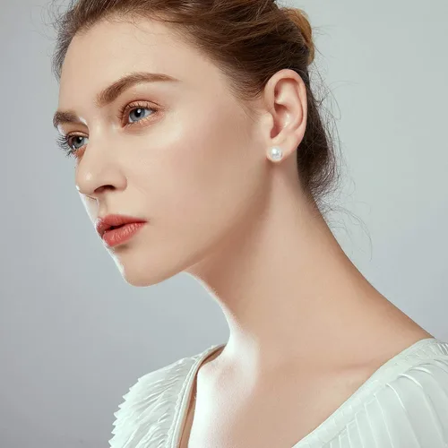Vista 2 de JORA - Aretes tipo dormilona de plata esterlina con perlas blancas cultivadas en agua dulce para regalo de mujer