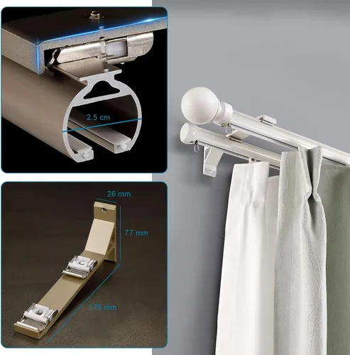 Vista 7 de Ceiling Mounted Double Track Curtain Rail, 3 6 9 ft Curtain Rail Track System for Smooth Ceiling or Wall Silent Heavy Aluminum Duty Curtain Track