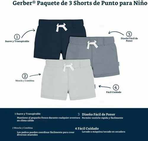 Vista 7 de Gerber Paquete de 3 pantalones cortos de punto para bebés y niños pequeños Azul