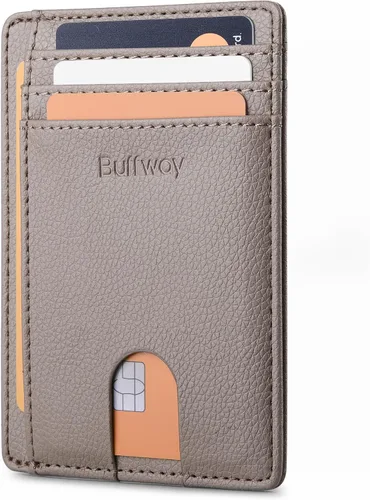 Vista 45 de Buffway - Carteras de cuero delgadas minimalistas con bolsillo frontal y bloqueo RFID para hombres y mujeres, negro (Alaska Black), Minimalista