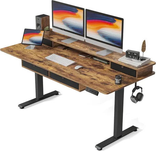 Vista 16 de FEZIBO Escritorio de pie de 48 x 24 pulgadas con altura ajustable, escritorio eléctrico de pie con doble cajón, escritorio de oficina en casa con 4
