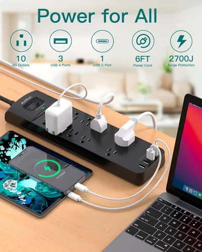 Vista 2 de Regleta de Enchufes - Addtam Protector contra Sobretensiones con 10 Tomas y 4 Puertos USB, Cable de Extensión de 6 Pies con Enchufe Plano, 2700 Negro