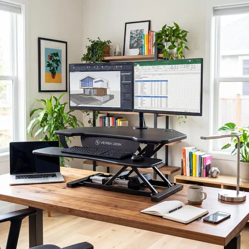 Vista 2 de VERSADESK® PowerPro™ - Convertidor de escritorio de pie de esquina de 36", elevador de escritorio de pie motorizado ajustable en altura de 36