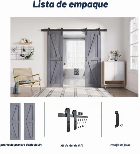 Vista 6 de FREDBECK Puertas dobles grises de 24 x 84 pulgadas, puerta de granero de 48 pulgadas con kit de herrajes para puerta de granero de 8 pies incluido