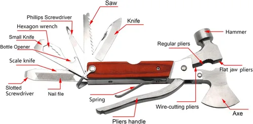 Vista 4 de Herramienta multiherramienta para acampar, equipo de supervivencia 16 en 1, de acero inoxidable, compatible con senderismo, pesca, kit de emergencia
