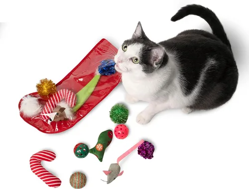 Vista 4 de Midlee Juego de regalo de juguete para gatos con calcetines navideños (14 juguetes) - Bastones de caramelo, campanas, ratones y gatitos
