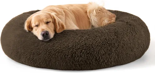 Vista 43 de Hoewina - Cama redonda, calmante, en forma de rosquilla, lavable, esponjosa para interiores, perros y gatos pequeños y medianos, negro, 20 pulgadas