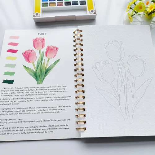 Vista 8 de Cuaderno de trabajo de acuarela 15 hermosas pinturas de flores para adultos y adolescentes principiantes, libro para colorear al agua, 140 libras