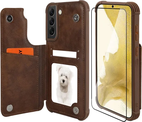 Vista 22 de VANAVAGY Funda tipo cartera compatible con Galaxy S22 con soporte para tarjetas de bloqueo RFID, piel sintética, cierre magnético, función atril