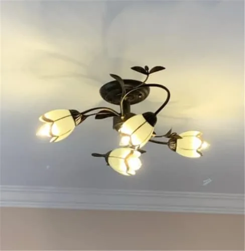 Vista 6 de Lámparas de techo semiempotradas con forma de flor retro en forma de cristal cerca del techo, lámparas colgantes industriales Simplicity para 4 luces