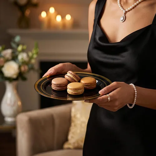 Vista 3 de BESTVIP 100 platos de postre de plástico negro y dorado de 7 pulgadas Negro/Dorado