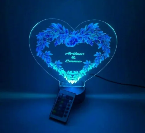 Vista 2 de MIRROR MANIA Heart with Flowers UV Printed Couples Night Light Up Table Lamp LED Personalized Free Engraved Names Dates Words Made to Order Custom