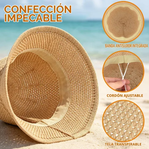 Vista 4 de Sombrero de pescador de ganchillo para mujer, sombrero ligero de paja Caqui