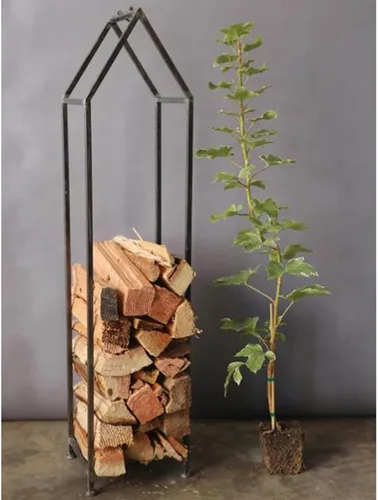 Vista 5 de Estante decorativo de leña moderno en forma de casa, ayuda de apilamiento alto para uso en y exteriores, estante de troncos de metal con asa