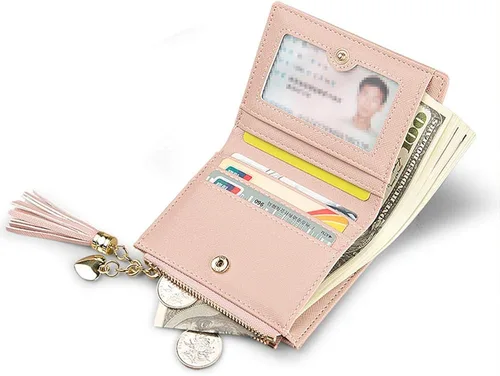 Vista 3 de Cartera pequeña para mujer con bolsillo para monedas plegable delgada y con cremallera