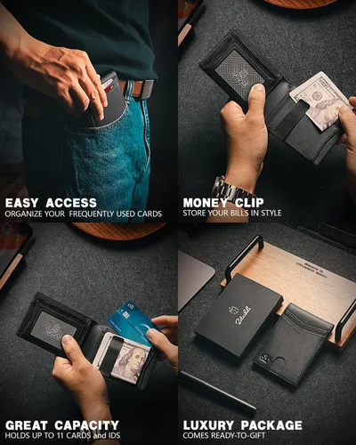 Vista 68 de Zitahli - Carteras delgadas con clip para dinero para hombre, tarjetero minimalista, de cuero, plegable, con bloqueo RFID, cartera de bolsillo