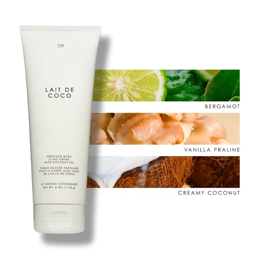 Vista 3 de Le Monde Gourmand Lait de Coco - Crema perfumada para glaseado corporal – 6 onzas líquidas (6.0 fl oz) – Vainilla, praliné, notas cálidas