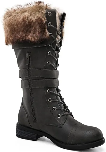 Vista 3 de GLOBALWIN Botas altas de media pantorrilla hasta la rodilla para mujer, botas de combate elegantes con cordones para mujer, tacón bajo
