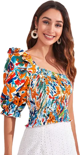 Vista 3 de SheIn Blusa de manga corta con estampado de volantes para mujer