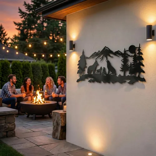 Vista 7 de DEKADRON Arte de pared de metal, arte familiar de lobos metálicos, arte de pared de naturaleza, lobo, montaña y árbol, decoración de pared de metal