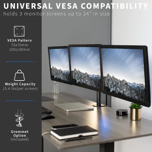 Vista 3 de VIVO Soporte de escritorio ajustable para monitor triple, soporte articulado, capacidad para 3 pantallas de hasta 24 pulgadas, negro, STAND-V003Y