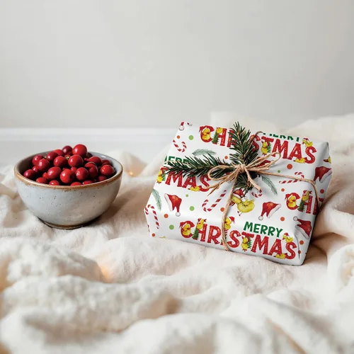 Vista 7 de SaringSwoon Papel de regalo de pato de Navidad, divertido envoltorio de regalo de Navidad con sombreros de Papá Noel, bastones de caramelo, patos