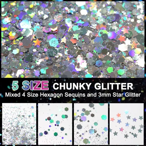 Vista 2 de Matio - Purpurina holográfica gruesa, 12 colores surtidos de purpurina artesanal mezclada, 3mm de forma de estrella, purpurina fina en polvo, copo