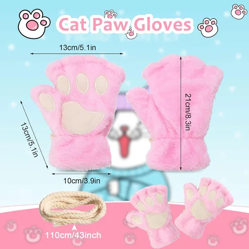 Vista 3 de Guantes de pata de gato, 3 pares de guantes kawaii, patas de gato, cosplay, piel sintética, guantes de gato, patas de león, guantes sin dedos
