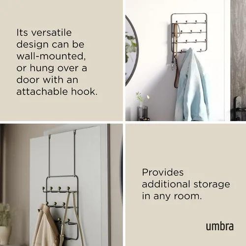 Vista 5 de Umbra Estique Perchero y Organizador Multiusos para Puerta, para Abrigos, Bolsos, Sombreros y Más, Negro/Nogal