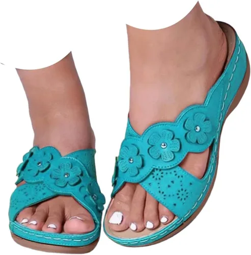 Vista 9 de Chanclas para mujer 2026, soporte de arco de flores, sandalias ortopédicas sin cordones con puntera abierta, bucle ajustable, sandalias de cuña