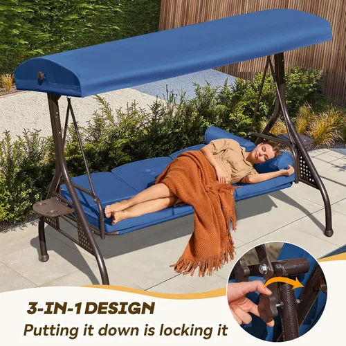 Vista 4 de Columpio de porche para exteriores 3 en 1 con toldo ajustable, columpio de 3 asientos para adultos, columpio de patio con cojines gruesos, almohadas