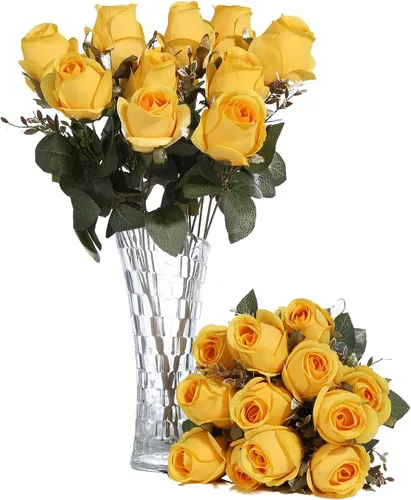 Vista 7 de Ramo de flores artificiales de seda, 20 cabezas, 2 paquetes, champán y Champán y crema