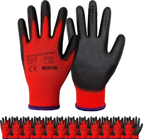 Vista 11 de Guantes de trabajo con revestimiento de poliuretano, 12 pares, guantes de jardín finos para hombres y mujeres, ideales para trabajo ligero