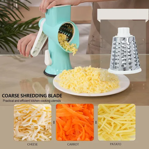 Vista 2 de Rallador rotativo de queso con asa, versátil rallador de queso con base de succión antideslizante, triturador de queso y rebanador de alimentos