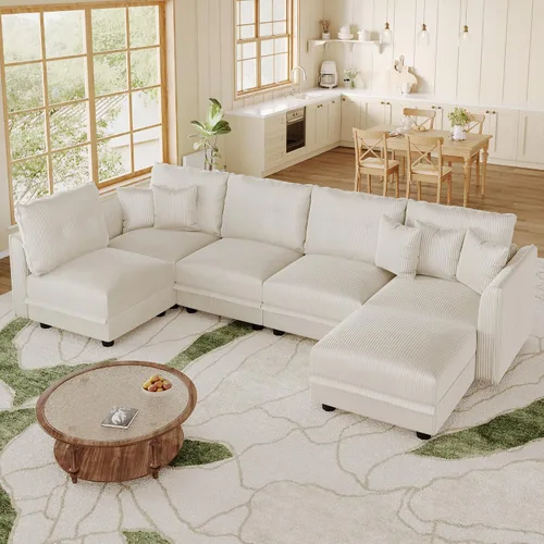 Vista 10 de LLappuil Sofá seccional modular con asientos de almacenamiento, sofá seccional convertible modular en forma de U de pana para sala de estar, sofá