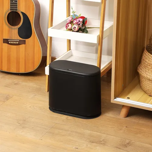 Vista 7 de Basurero delgado negro de 12 litros con tapa superior de presión, cubo de basura de cocina a prueba de mascotas y perros, cubo de basura delgado