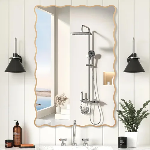 Vista 2 de Espejo ondulado de baño de 24 x 36 pulgadas, espejo festoneado rectangular para decoración de pared, tocador de baño, dormitorio, sala de estar