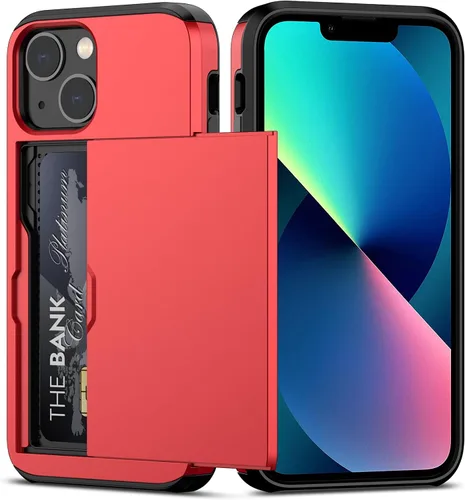 Vista 22 de Nvollnoe Funda para iPhone 13 con tarjetero [almacena 5 tarjetas] Funda tipo cartera de doble capa resistente a prueba de golpes con ranura oculta
