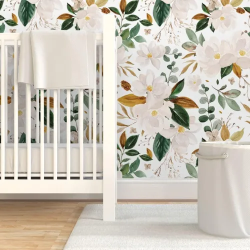 Vista 6 de Spoonflower Papel tapiz para despegar y pegar - Papel pintado extraíble personalizado con flores de magnolias florales doradas