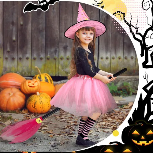Vista 7 de Panitay Disfraz de bruja de Halloween para niñas pequeñas, incluye sombrero tutú rosa escoba y calcetines