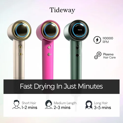 Vista 5 de Tideway Secador de pelo profesional de alta velocidad iónico 110,000 RPM, secador de pelo compacto con difusor magnético, secado rápido con motor