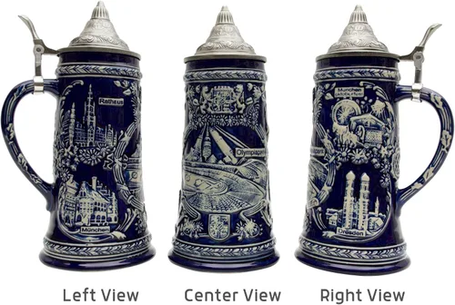 Vista 4 de Essence of Europe Gifts 0.85 litros OktoberfestHaus Alemania Stein Famous Landmarks Bier Krug Taza de cerveza grabada con tapa Taza de cerveza