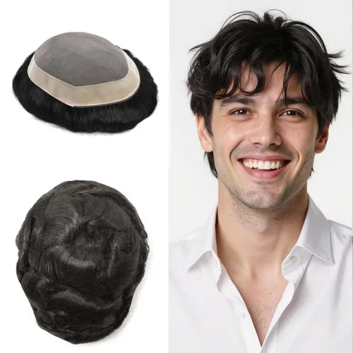 Vista 45 de Toupee de cabello humano fino mono revestido de poliéster para hombre, postizo de monofilamento duradero NPU monofilamento tupé para hombres