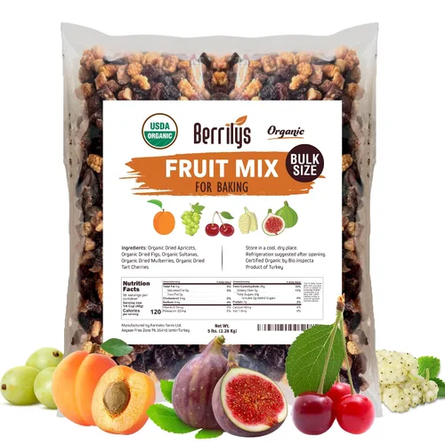 Vista 8 de Berrilys Mezcla de frutas secas, 2 libras, orgánica, higos cortados en cubitos, albaricoques en cubitos, moras blancas, sultanas, cerezas agrias