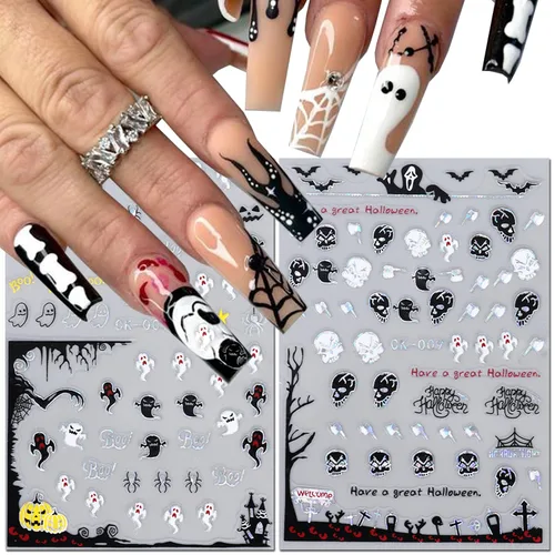 Vista 5 de 6 hojas de calcomanías de arte de uñas de Halloween – Calcomanías de uñas de Halloween autoadhesivas 3D de dibujos animados fantasma, esqueleto