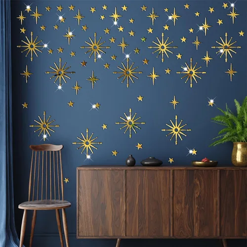 Vista 10 de Calcomanías de pared con estrella dorada, diseño retro de explosión de estrellas, calcomanías para dormitorio, sala de estar, decoración de techo